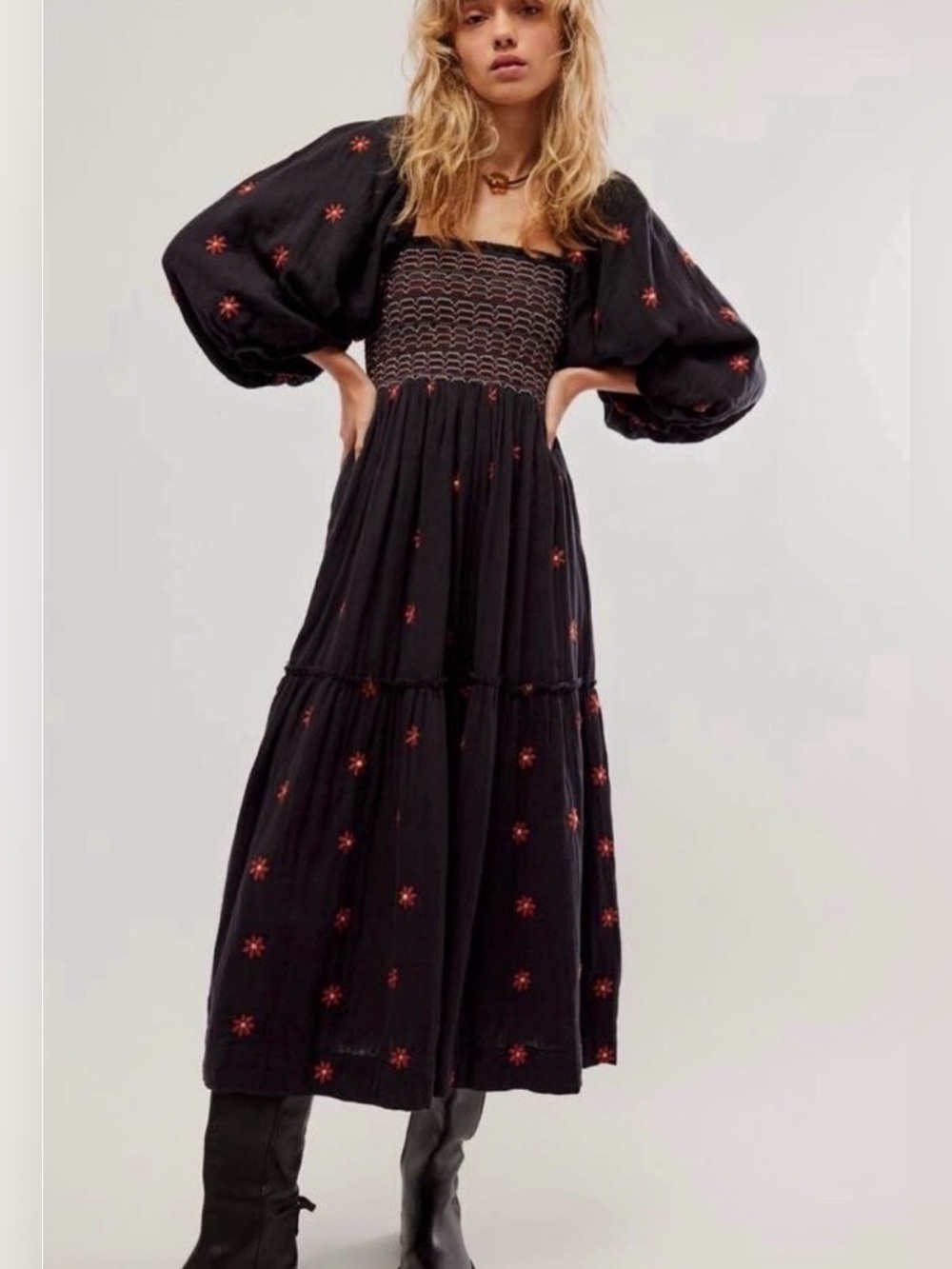 Free People, Dahlia Embroidered Black Maxi Dress with  Flowers